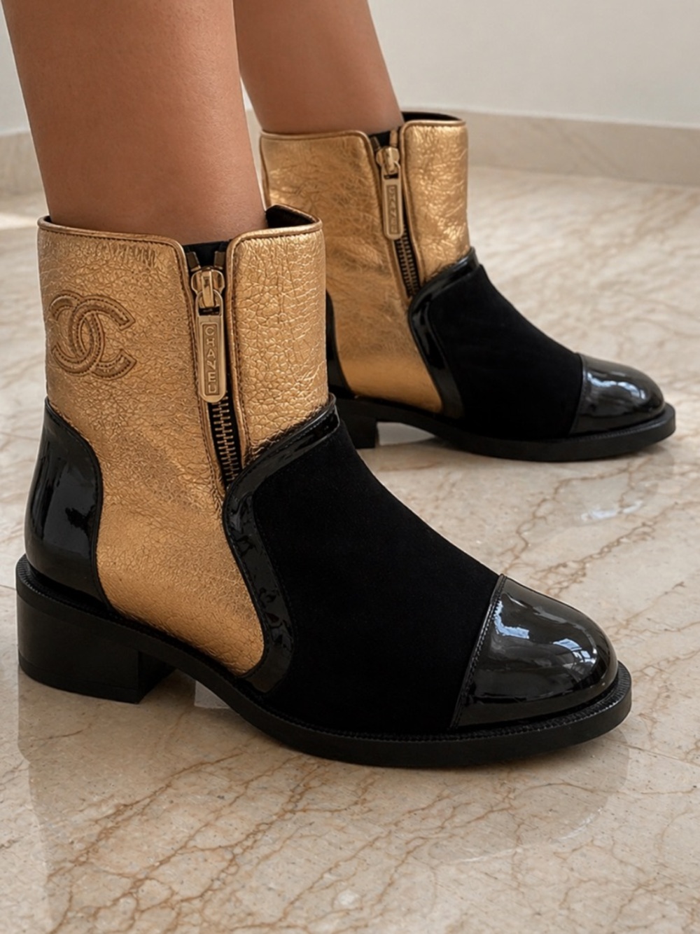 Chanel metallic gold and black booties 2018 collection